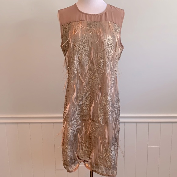 Ostrich feather and sequins vintage glam champagne dress - Picture 4 of 11